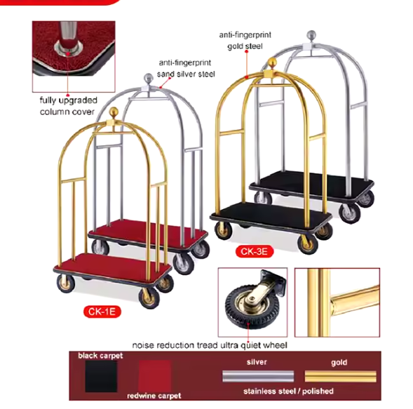 Gold Stainless Steel Tool Hanger Birdcage Luggage Carts Bellman Bellboy Cart Banquet Lobby Hotel Supplies Trolley Cart