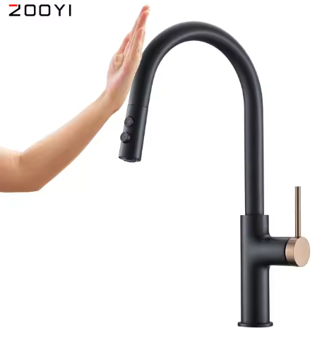 Zooyi Manufacture ISO Certified Black Touch Sensor Smart Sense Kitchen Faucets With Pull-Down Sprayer