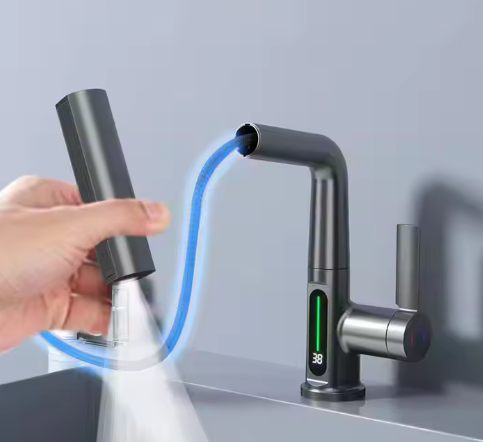 Multi-Functional Intelligent Digital Display Faucet 360° Rotary Pull-Out Rain Shower Basin Faucet