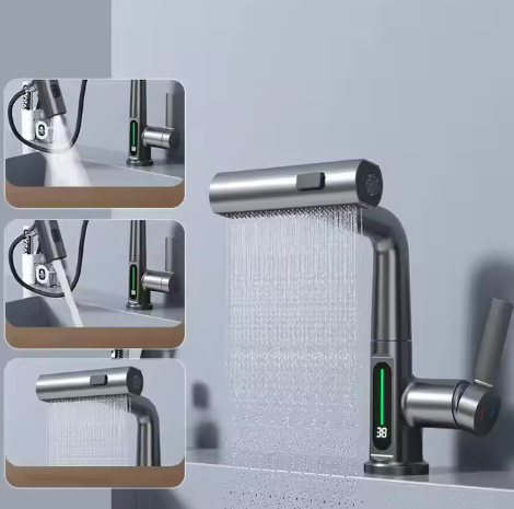 Multi-Functional Intelligent Digital Display Faucet 360° Rotary Pull-Out Rain Shower Basin Faucet