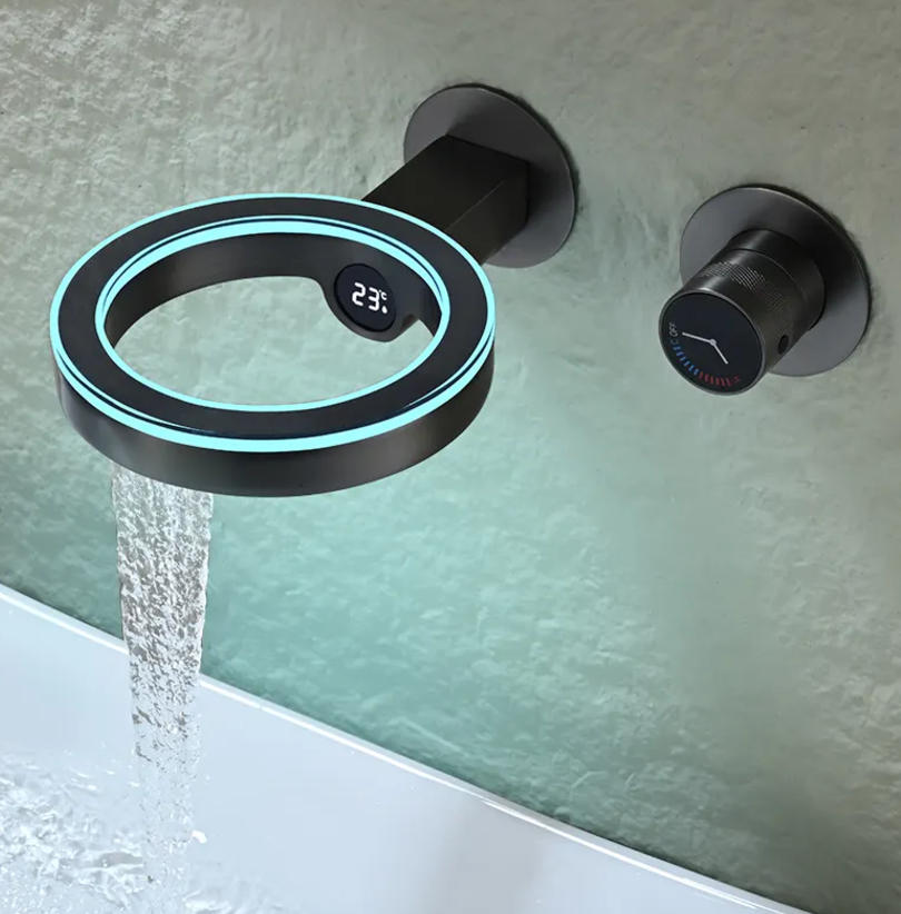 Water Mixer LED Digital Display Adjustable Temperature Wall-Mounted Brass Bathroom Faucet