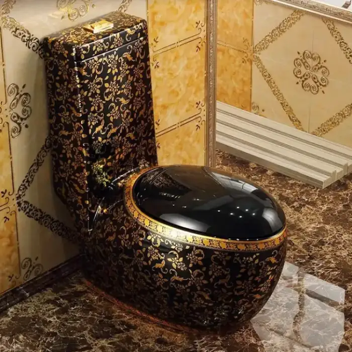 Luxury Bathroom Porcelain Water Closet Ceramic Commode Black Gold One Piece Toilet