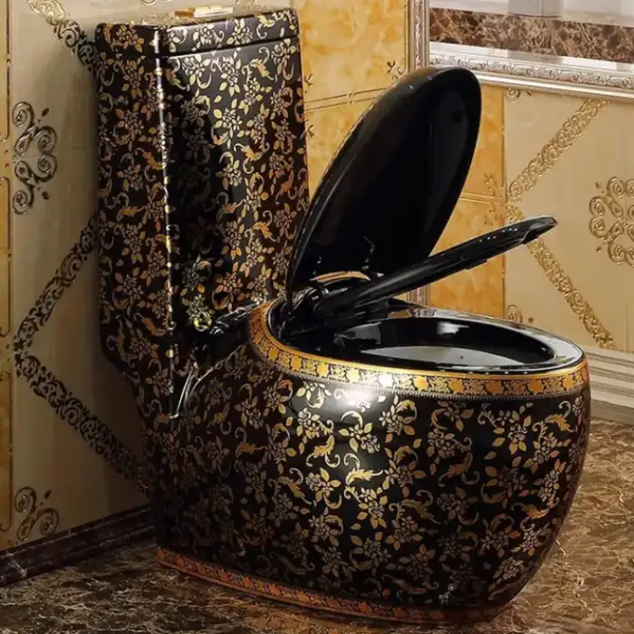 Luxury Bathroom Porcelain Water Closet Ceramic Commode Black Gold One Piece Toilet