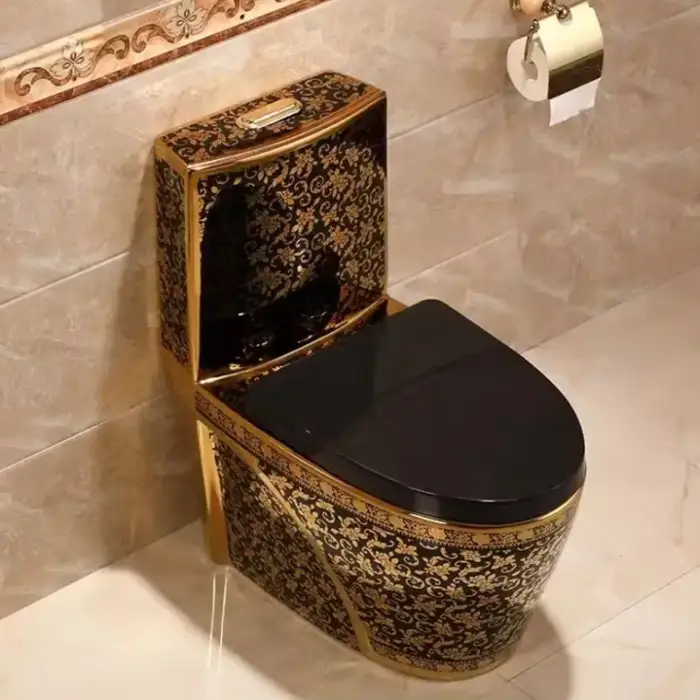 Luxury Bathroom Porcelain Water Closet Ceramic Commode Black Gold One Piece Toilet