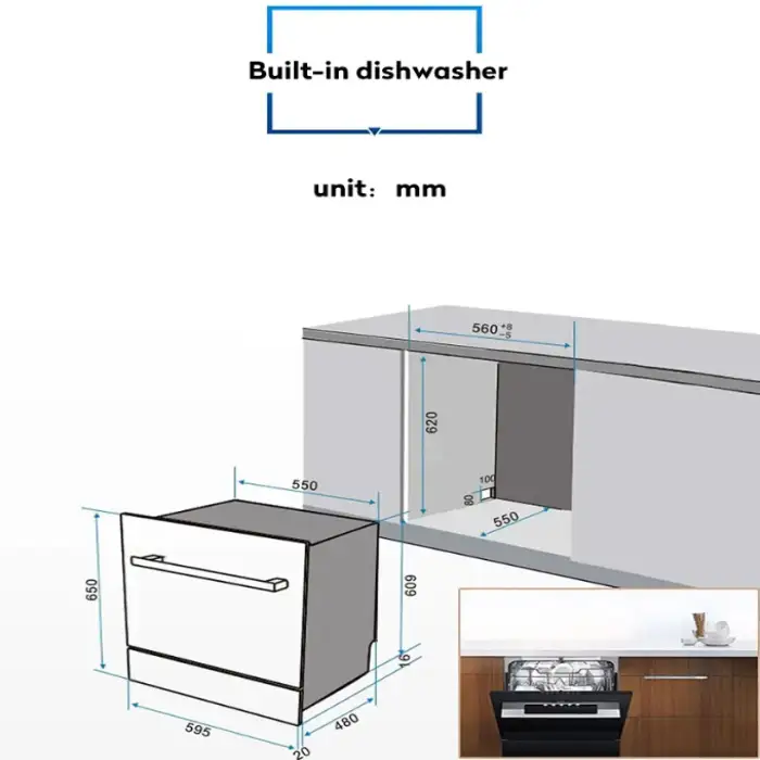 Black Glass Door Embedded Automaticdish Washer Home 8 Sets of Tableware Commercial Restaurant Household Kitchen Dishwasher 220