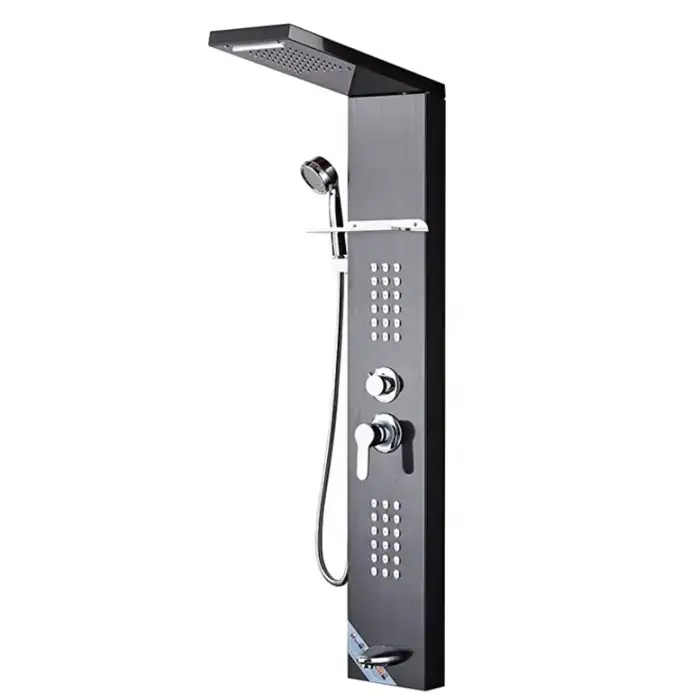 ROVATE Shower Panel Stainless Steel Wall Mounted LED Waterfall System Black Shower Set Bathroom Massage Shower Panel Tower