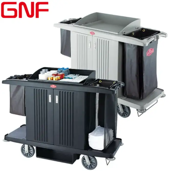 GNF Hotel Multifunctional Plastic Housekeeping Trolley Room Service Cleaning Maid Cart With Door