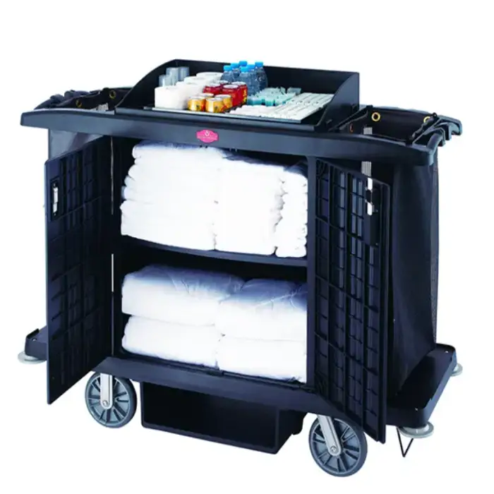 GNF Hotel Multifunctional Plastic Housekeeping Trolley Room Service Cleaning Maid Cart With Door