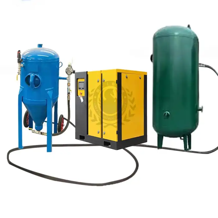 Sandblasting Tank (Dry) with electric air compressor, air storage tank, steel shot & steel grift