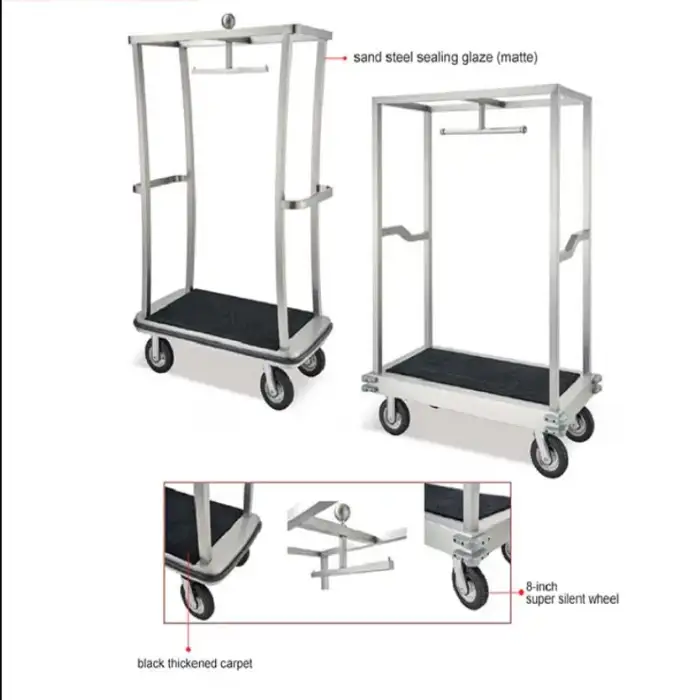 Sand Steel Restaurant Lobby Baggage Trolley Hotel Luggage Trolley Bellman Four Wheels Bellboy Cart Serving Trolley Luggage Carts