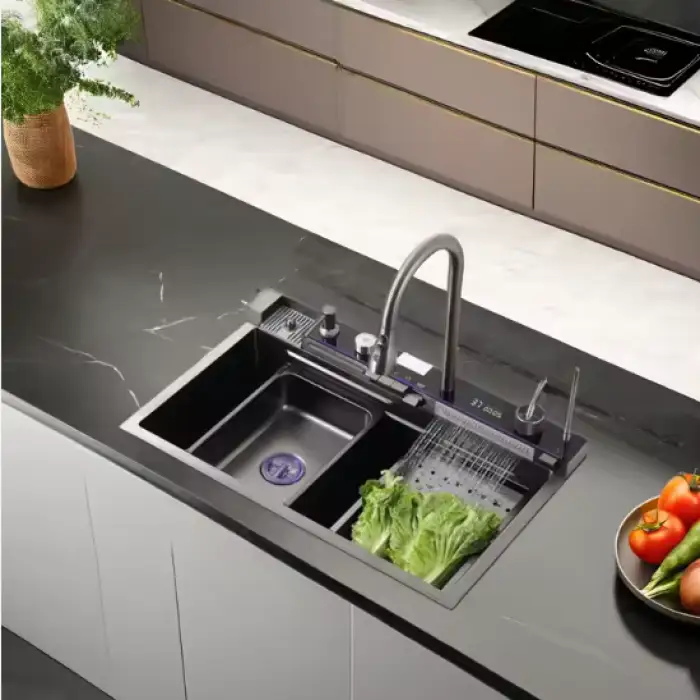 Sus304 Stainless Steel Durable Double Bowl Kitchen Sink LED Digital Display Waterfall Style Square Cup Washer Single Big Design