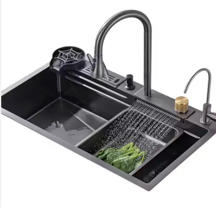 Sus304 Stainless Steel Durable Double Bowl Kitchen Sink LED Digital Display Waterfall Style Square Cup Washer Single Big Design