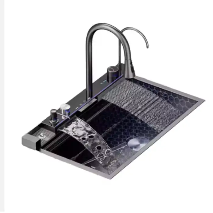 Sus304 Stainless Steel Durable Double Bowl Kitchen Sink LED Digital Display Waterfall Style Square Cup Washer Single Big Design