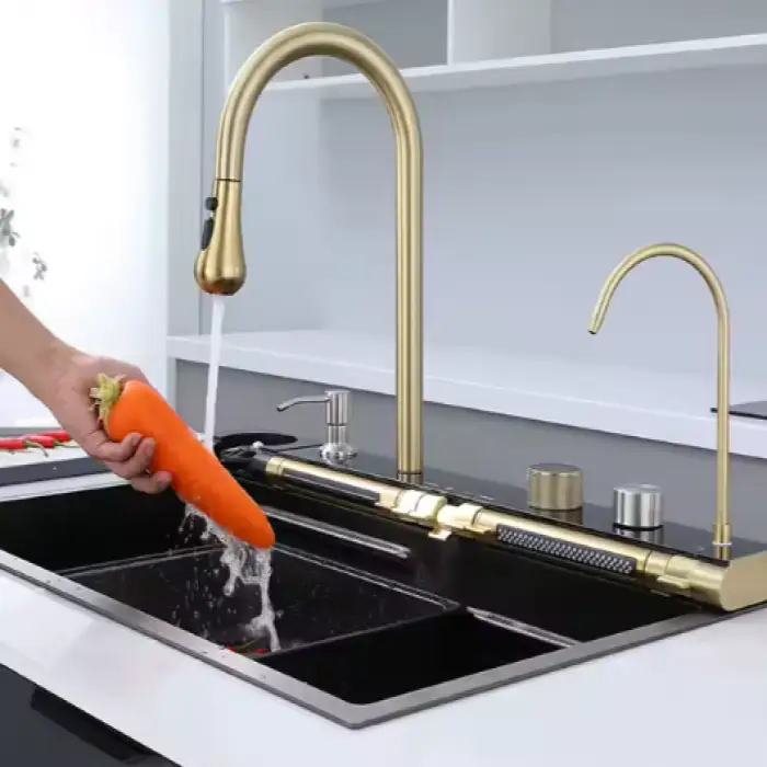 304 Stainless Steel Handmade Multi Functional Nano Brushed Gold Waterfall Faucet Kitchen Sink