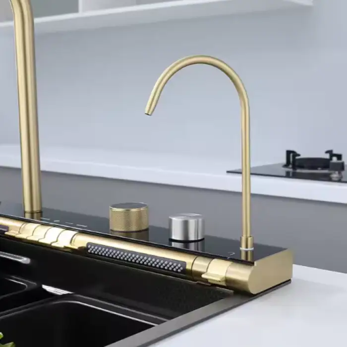 304 Stainless Steel Handmade Multi Functional Nano Brushed Gold Waterfall Faucet Kitchen Sink