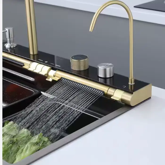 304 Stainless Steel Handmade Multi Functional Nano Brushed Gold Waterfall Faucet Kitchen Sink