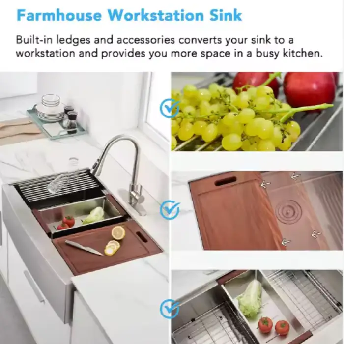 USA 33 inch Farmhouse Workstation Sink Apron Front Single Bowl 304 Stainless Steel Handmade Kitchen Sink