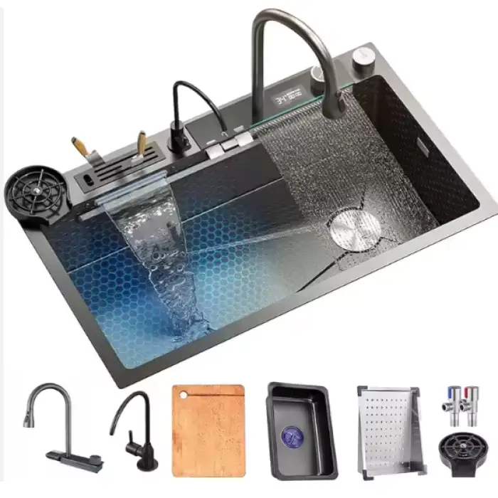 Multifunctional Waterfall Scratch Resistant Stainless Steel Large Single Black Kitchen Sink