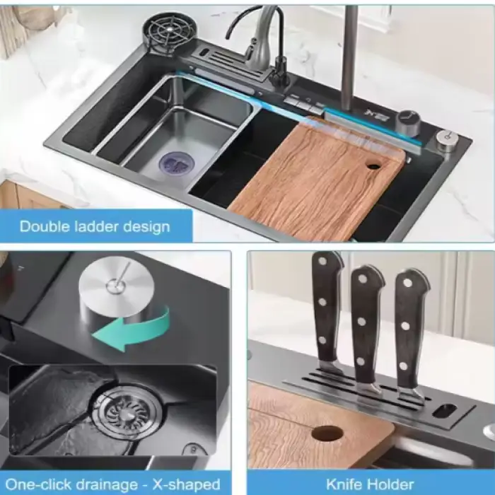 Multifunctional Waterfall Scratch Resistant Stainless Steel Large Single Black Kitchen Sink