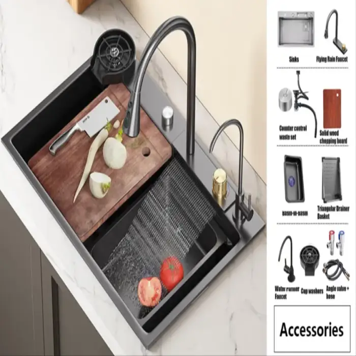 Multifunctional Waterfall Scratch Resistant Stainless Steel Large Single Black Kitchen Sink