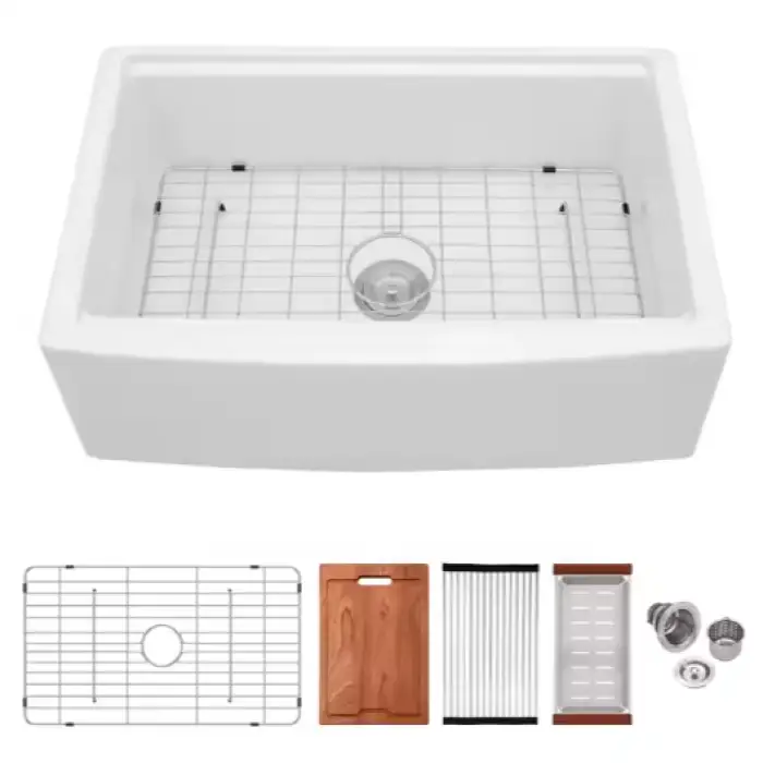 33 Inch White Rectangular Porcelain Kitchen Sink Apron Front Single Bowl Porcelain Workstation Sink