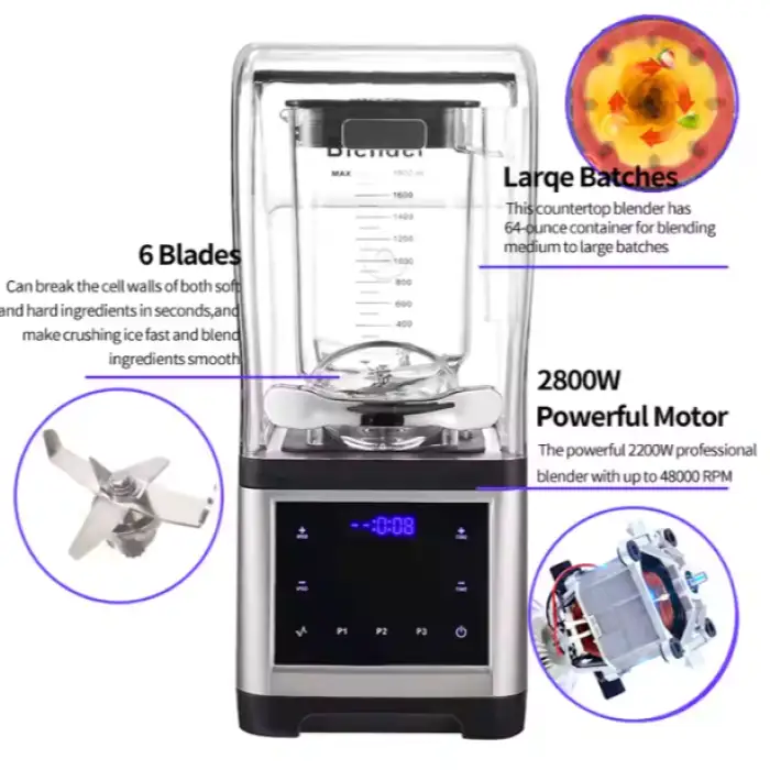 Commercial Blender Mixer and Juicers Quiet Low Noise Smoothie Blender Food Processors Heavy Duty Blender With Sound Cover