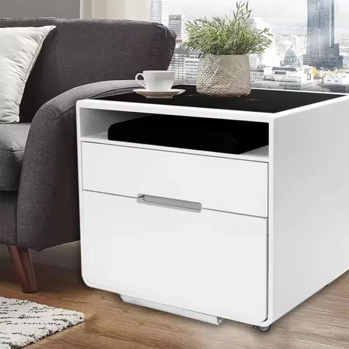 Docarelife Luxury Room Furniture Smart Bluetooth Two Drawers White Nightstand Mini Fridge Wireless Phone Charging Bedside Table