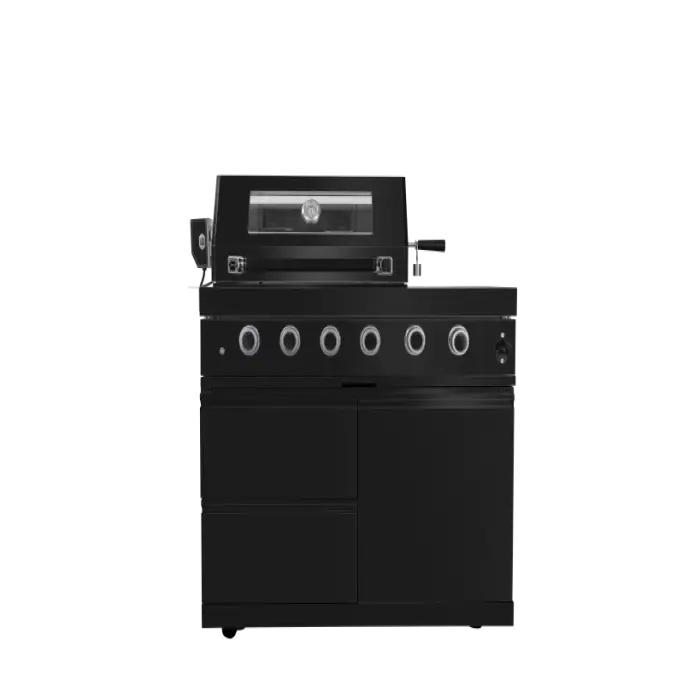 Black Ti-Plated SS 304 Outdoor Kitchen Cabinets 4-Burner Grill Sink & Fridge Propane Gas Indoor & Camping Use Steel Metal Material