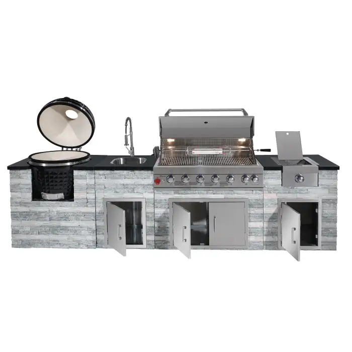 Outdoor BBQ Grill Kitchen Set Stone Veneer Grill Island with Egg-Shaped Kamado Grill for Enhanced Cooking Experience