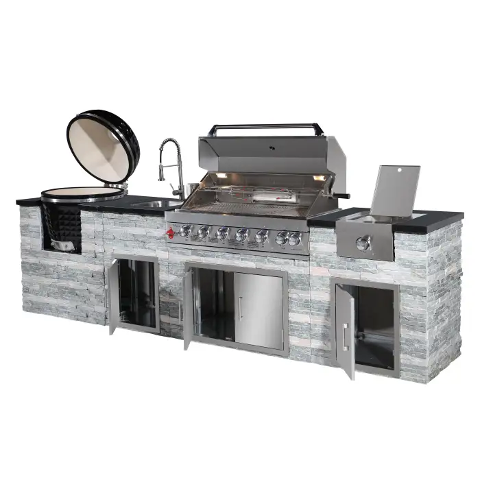 Outdoor BBQ Grill Kitchen Set Stone Veneer Grill Island with Egg-Shaped Kamado Grill for Enhanced Cooking Experience