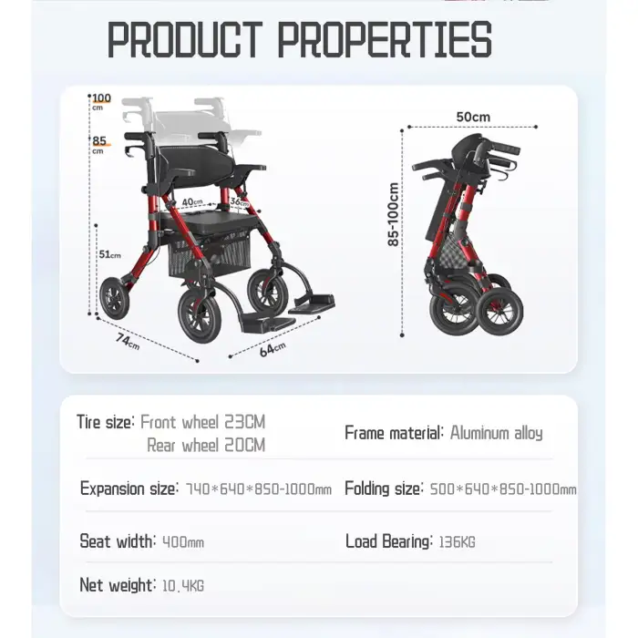 Folding Adult Elderly Rollator Walker for Adults Mobility Walking Aids for Seniors Rehabilitation Device Frame for Disabled