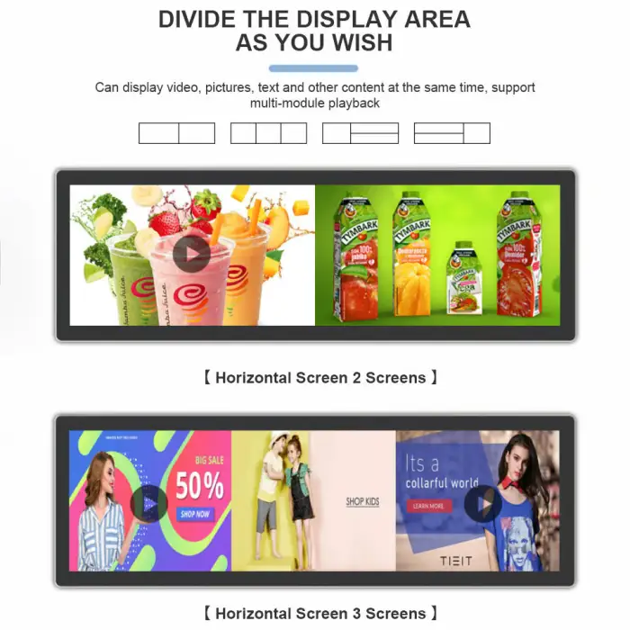 Strip Screen Advertising Video Picture Display Smart Group Control HD Advertising Screen for Stores Supermarkets Shopping Malls