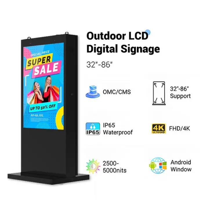 Waterproof IP65 Outdoor Advertising Equipment 43 49 55 Inch Floor Stand Digital Signage for Bus Stations and WiFi Totems