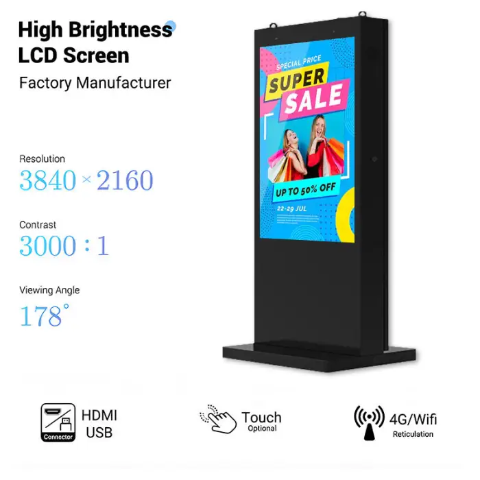 Waterproof IP65 Outdoor Advertising Equipment 43 49 55 Inch Floor Stand Digital Signage for Bus Stations and WiFi Totems