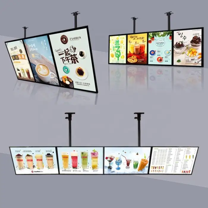 Custom LED Glass Light Box Advertising Sign PVC Acrylic and Aluminum Frame Menu Board Hanging Installation