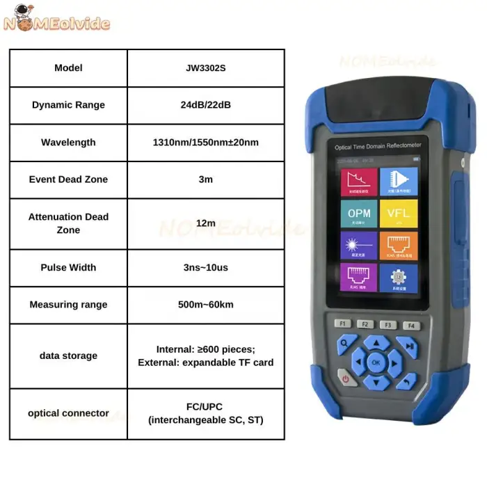 JW3302SJ Fiber Optic OTDR Tester 1310/1550nm 9 IN 1 High Precision Testing Analysis OPM VFL Test Tool