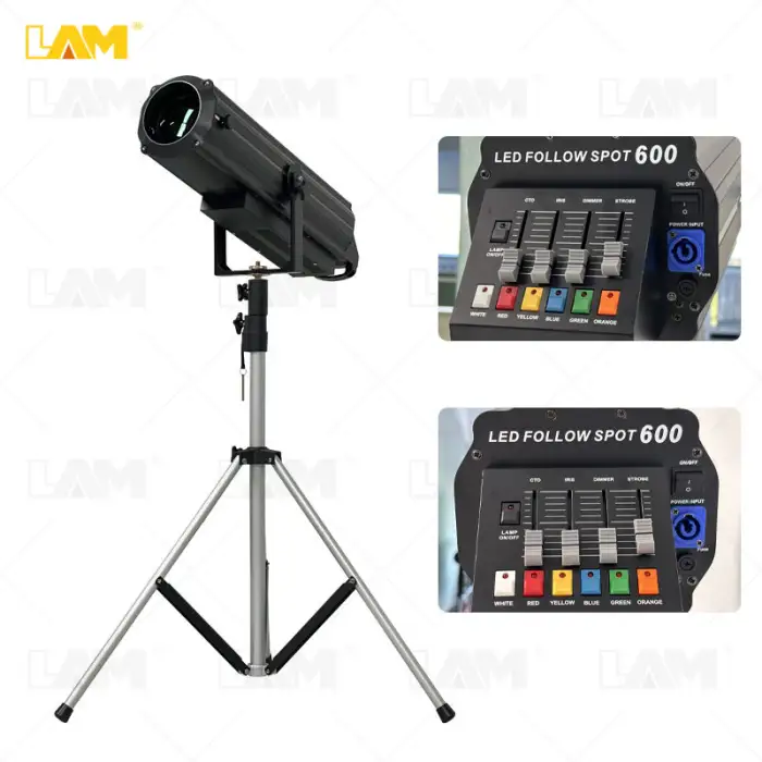 Stage Lighting Equipment 3200K/4500K/6500K DMX 600W Led Follow Spot Light with Strobe Manual Zoom for Studio Theater Concert