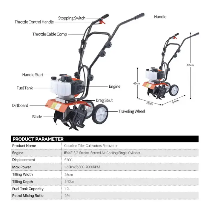 52CC Gasoline Tiller Cultivators Rotavator Power 2 Stroke Agriculture Machine Farming Mini Rotary Tiller