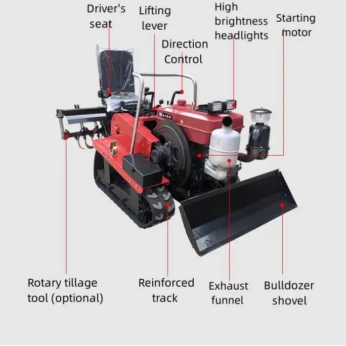 Diesel Rotavator 25 HP Small Four Wheel Sit-On Crawler Tractor with Rotavator