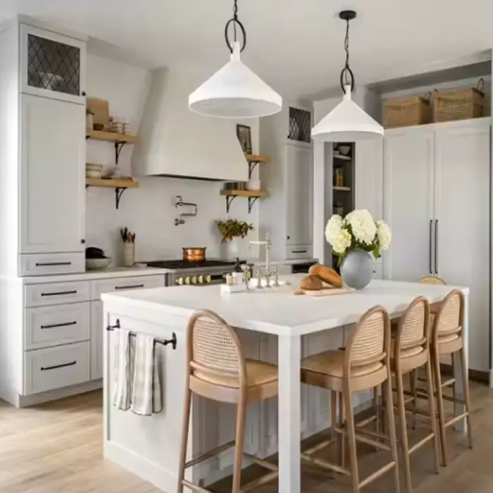 Contemporary White Warm Light Shaker Kitchen Cabinet with Shiplap Range Hood Countertop Island