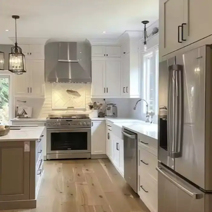 Contemporary White Warm Light Shaker Kitchen Cabinet with Shiplap Range Hood Countertop Island