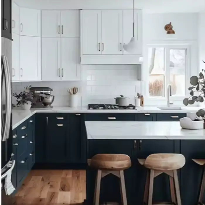 Contemporary White Warm Light Shaker Kitchen Cabinet with Shiplap Range Hood Countertop Island