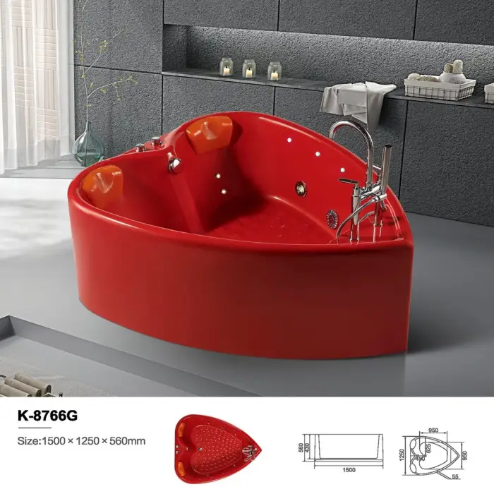 2 Person Massage Tub Acrylic Modern Custom Red Heart Shaped Spa Bathtub