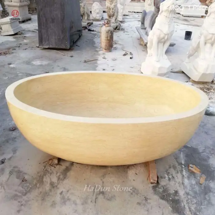 Home Indoor Modern Design Freestanding Hand Carved Bath Tub Beige Marble Stone Bathtub Natural Marble Bathtub