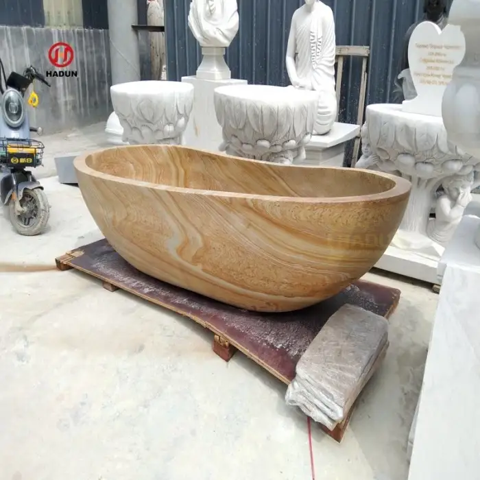 Home Indoor Modern Design Freestanding Hand Carved Bath Tub Beige Marble Stone Bathtub Natural Marble Bathtub