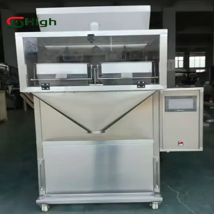 Semi-Automatic Dual Head Vibratory Filler Grain Machine PLC Controlled for Pistachio & Coffee Beans for Glass Packaging