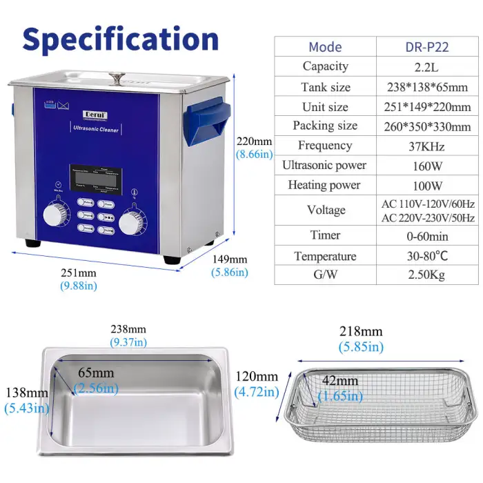 2.2L washable surgical knife, dentures, etc., high-frequency multifunctional stainless steel digital cleaning machine