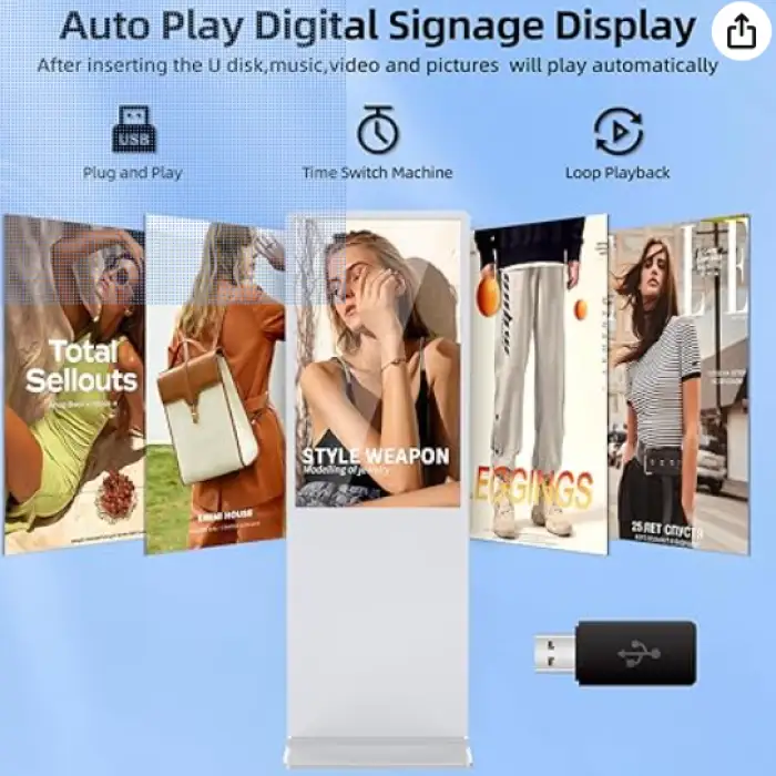 65 Inch 4K Digital Signage Display,Indoor Floor Standing Digital Kiosks & Interactive Displays,Commercial Advertising LCD Totem Android System Auto Media Player HDMI Input,Free Custom Logo,White