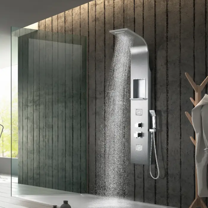 Modern Stainless Steel Shower Column Waterfall Shower Panel with Rain Massage Jets Single Handle Mixer Set for Hotels