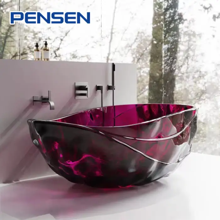 Pensen Luxury Royal Blue Resin Stone Bathtub Free Standing Latest Colour Resin Bathtub Soaking Resin Transparent Bathtub